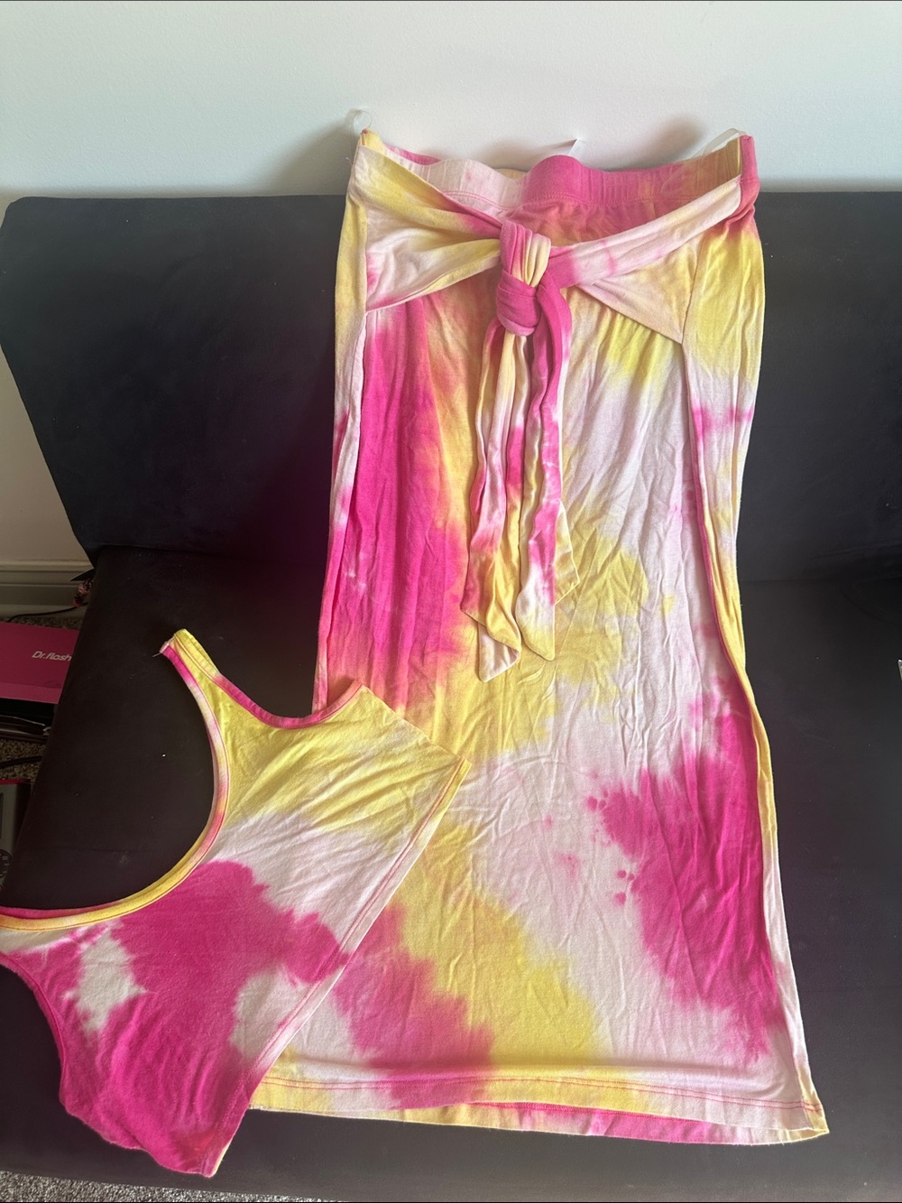 Tie-Dye Pink & Yellow Tank Dress with Front Knot